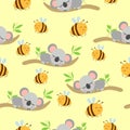 Seamless pattern with koala babies sleeping on eucalyptus branches and yellow bees. Yellow background. Flat design. Cartoon style