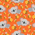 Seamless pattern with koala babies and yellow bees. Orange background. Floral ornament. Flat ÃÂartoon style. Cute and funny