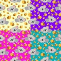 Seamless pattern with koala babies and yellow bees. Various colors. Flat ÃÂartoon style