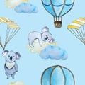 Seamless pattern. Koala flying. the balloon and the paraglider