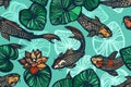 Seamless pattern with koi carp fish, flowers and leaves of the lotus. Pond. Background in the Chinese style. Hand drawn.