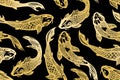 Seamless pattern with koi carp fish. Pond. Background in the Chinese style. Hand drawn.