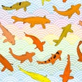 Seamless pattern Koi carp nishikigoi literally brocaded carp. orange yellow fish. black outline sketch doodle. rainbow scales Royalty Free Stock Photo