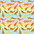 Seamless pattern Koi carp nishikigoi literally brocaded carp. orange yellow fish. black outline sketch doodle. rainbow scales Royalty Free Stock Photo