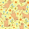 Seamless pattern with labrador dogs and flowers. Vector graphics