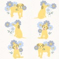 Seamless pattern labrador puppies in different poses on a light background of flowers