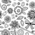 Seamless pattern with lace, diamonds, flowers, leaves. doodle, sketch