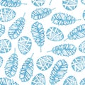 Seamless pattern with lace feather of a bird. Hand drawn watercolor illustration on a blue background. Design Easter products, Royalty Free Stock Photo