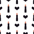 Seamless pattern of ladies icon. Black simple heart and lipstick. Women`s accessories. Fashion beauty illustration in vector