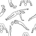 Seamless pattern lady yoga poses in cartoon outline flat style. Meditation, pilates, mental health