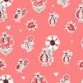 Seamless pattern with ladybug character. Funny insects ladybird with flowers on pink background. Vector illustration Royalty Free Stock Photo