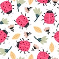 Seamless pattern with ladybug, flowers, decor elements. summer colorful vector for kids, flat style.