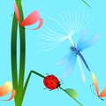 Seamless pattern with ladybug on grass, butterfly and dandelion on blue background.