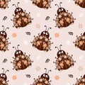 Seamless pattern, ladybugs decorated with flowers and leaves on a gentle background. Wallpaper, background, textile