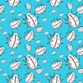 Seamless pattern with ladybugs in doodle style, on a blue background