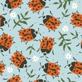 Colorful seamless pattern with ladybugs and flowers. Decorative cute background, funny insects and garden