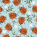 Colorful seamless pattern, ladybugs and flowers. Decorative cute background, funny insects, daisies