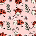 Seamless pattern with ladybugs and flowers. Royalty Free Stock Photo