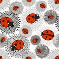 Seamless pattern with ladybugs on a monochrome floral background Royalty Free Stock Photo