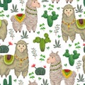 Seamless pattern with lama animal, cacti and floral elements.