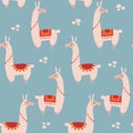 Seamless pattern with lama on blue background.