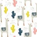 Seamless pattern with lamma, cactus and hand drawn elements. Childish texture. Great for fabric, textile Vector Illustration Royalty Free Stock Photo