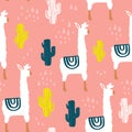 Seamless pattern with lamma, cactus and hand drawn elements. Childish texture. Great for fabric, textile Vector Illustration Royalty Free Stock Photo