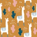 Seamless pattern with lamma, cactus and hand drawn elements. Childish texture. Great for fabric, textile Vector Illustration