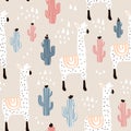 Seamless pattern with lamma, cactus and hand drawn elements. Childish texture. Great for fabric, textile Vector Illustration Royalty Free Stock Photo