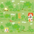 Seamless pattern with landscape, houses, car and airplane