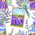 Seamless pattern with landscapes of lavender fields and bouquets of lavender Royalty Free Stock Photo