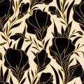 Seamless Pattern Of Large Black Flower Buds With A Golden Outline On A Beige Background, Bright Floral Texture