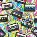 Seamless pattern with large compact cassettes on a colorful abstract background with circles and stars. Royalty Free Stock Photo