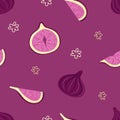 Seamless pattern with large figs on raspberry background. Stylized whole fruit and slices. Simple flat vector illustration Royalty Free Stock Photo