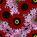 seamless pattern of large multicolored graphic flowers, texture