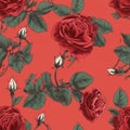 Seamless pattern with large roses on Coral color background. Generative ai Royalty Free Stock Photo