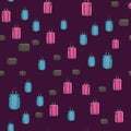 Seamless pattern of large travel plastic suitcases. Bag on wheels for business trip, summer vacation, travel