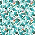 Seamless pattern with large tropical leaves and hummingbird birds on a white background. Royalty Free Stock Photo