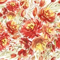 Seamless pattern with large watercolor flowers by red peonies. Elegant template for fashion prints. Olive green leaves.