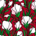 Seamless Pattern Of Large White And Pink Flower Buds On A Red Background, Bright Floral Texture