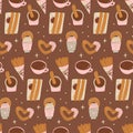 Seamless pattern with latin american churros. Mexican or Spanish traditional dessert. Churros on chocolate background