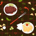 Seamless pattern with latin american food. Fried pork leg grilled meat and Mexican Empanadas with sauce, fork, chili