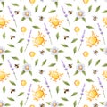 Seamless pattern with lavender branch, honey drops, daisies, bees. Texture for wrapping paper, textile, wallpaper