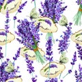 Seamless pattern of lavender flowers, butterfly and label on a white background. Hand drawn watercolor Royalty Free Stock Photo