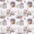 seamless pattern of a lavender, watercolor drawing of a baby supplies and lavender on a white background