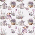 seamless pattern of a lavender, watercolor drawing of a baby supplies and lavender on a white background