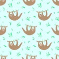 Seamless pattern of lazy cute sloths and leaves. Hand-drawn illustration of sloth for children, tropical summer, textile, print,