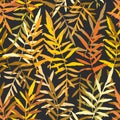 Seamless pattern with leafs tropical fern palm for fashion textile or web background. Gold yellow mustard orange brown silhouette