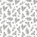 Seamless pattern with leafy twigs, wild herbs and berries.