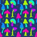 Seamless pattern with leaking groovy psychedelic trippy mushrooms with spiral on dark blue background.